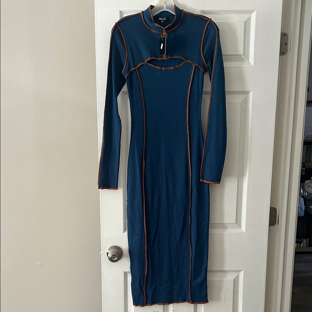 SHEIN Blue Long Sleeve Dress with Orange Trim